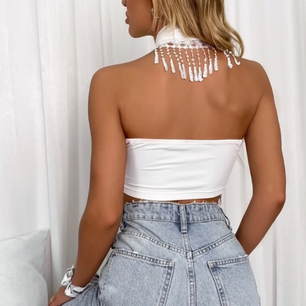 Boho White Halter Wrap Lace Tassel Detail Top - Picture 5 of 9